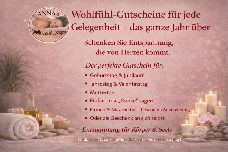 Wohlfühl-Gutschein für Wellness-Massagen – ganzjährig einlösbar